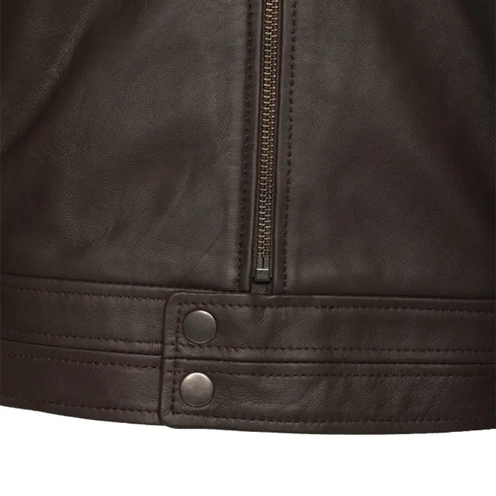 Arthur Vintage Brown Café Racer Leather Jacket close up zipper on leather jacket