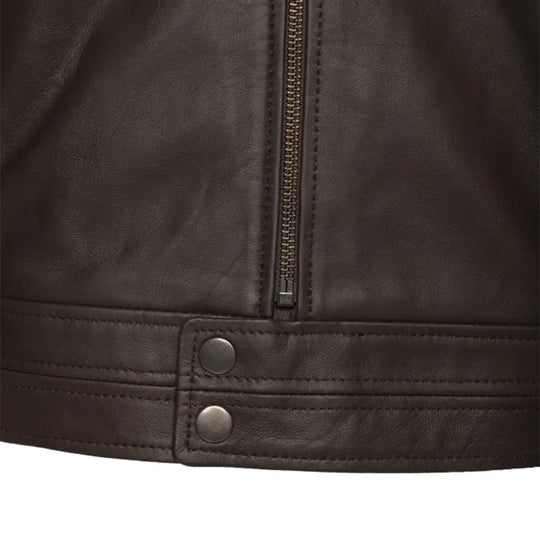 Arthur Vintage Brown Café Racer Leather Jacket close up zipper on leather jacket