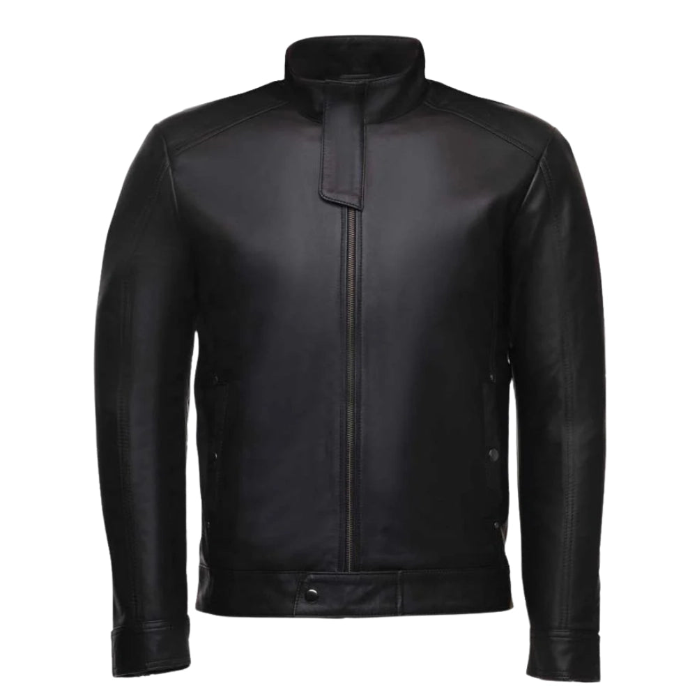 Asher Plain Black Cafe Racer Jacket front angle classic black leather racer jacket