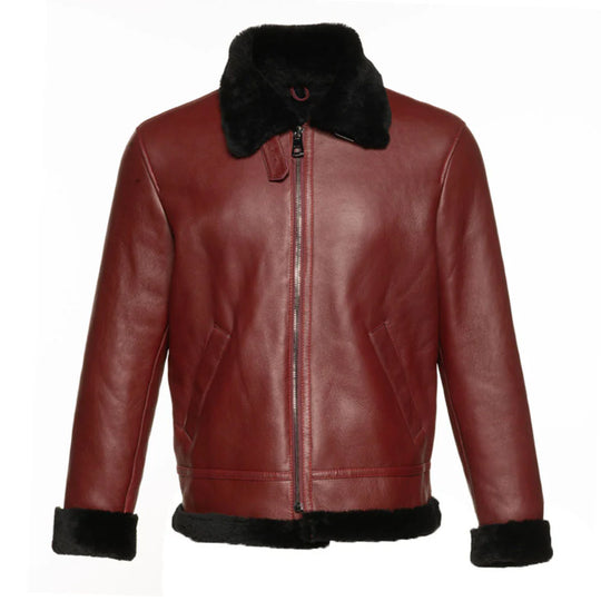 Full front view of the Aurelius Burgundy B3 Bomber Jacket in premium red leather with black shearling lining on white background.