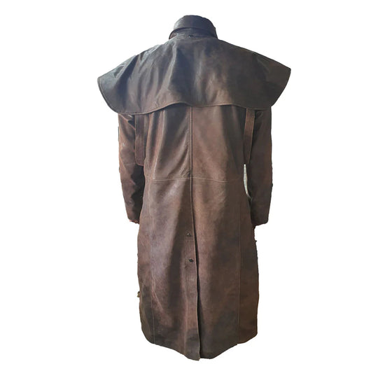 Back view of the Baker vintage copper duster coat highlighting the longline back vent and premium weathered leather finish.