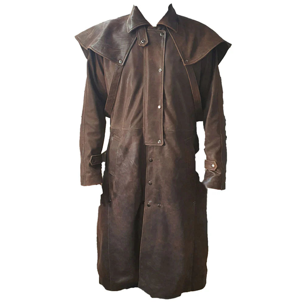 Front view of the Baker vintage copper leather duster coat, showcasing the full-length silhouette and button closure.