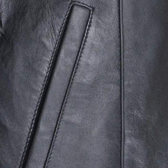 Bandit Black Cafe Racer Heavy Leather Jacket close up of zip pocket on leather racer jacket