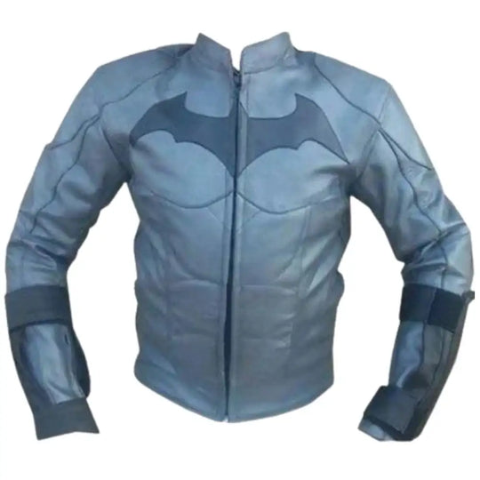 Front view of the Batman-inspired armored motorcycle jacket in tactical matte black leather, featuring sculpted chest plating and a signature bat-wing silhouette.
