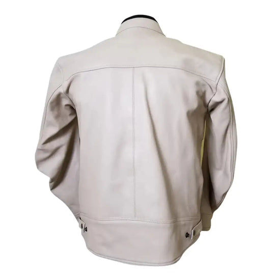 Back view of the beige armored jacket showing the clean, seamless leather panels and a tailored fit designed for a modern silhouette.