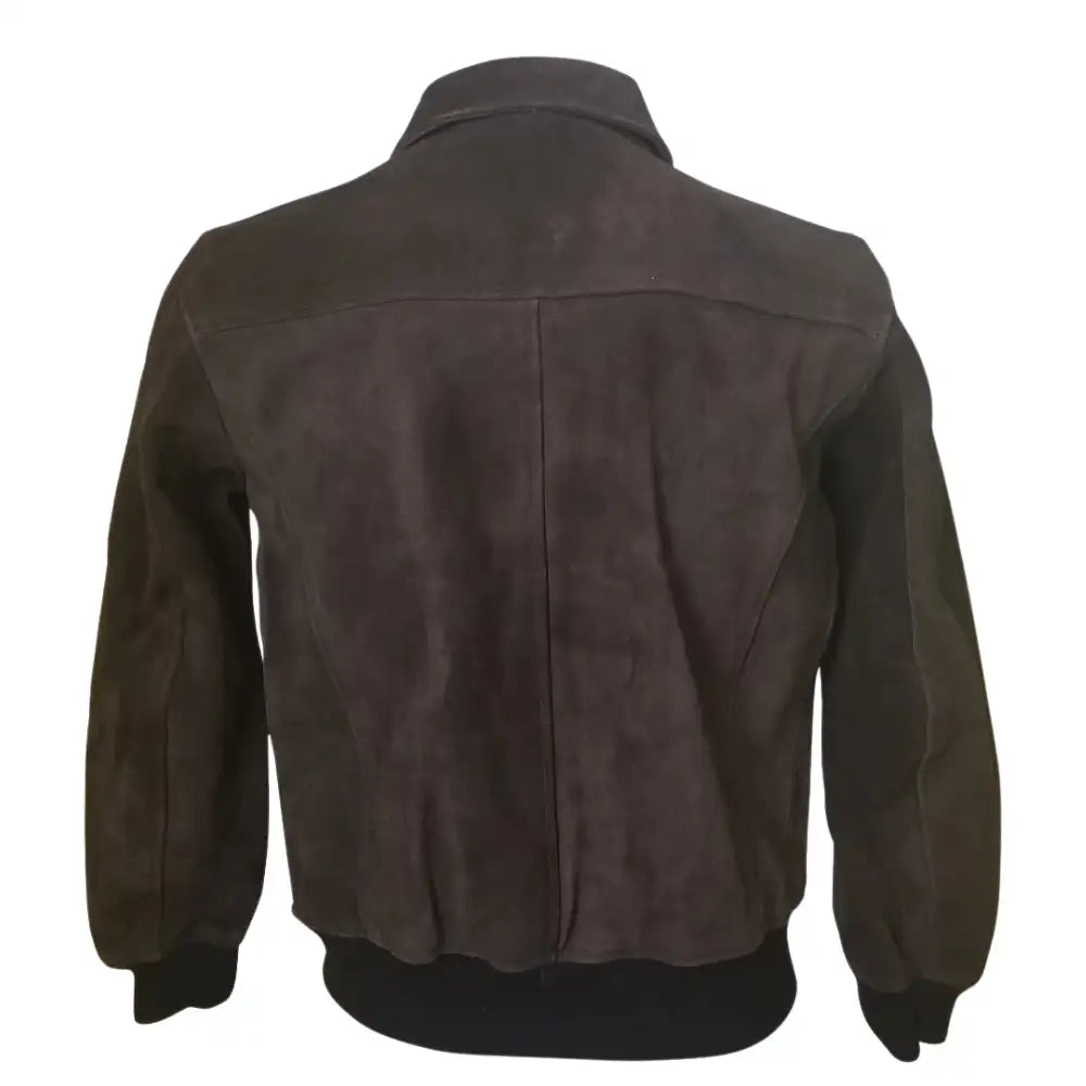 Rear view of Bernard Dark Brown bomber leather jacket on a mannequin with a white background