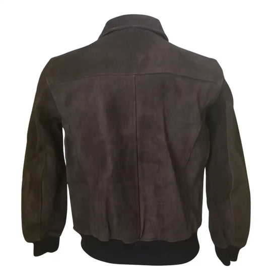 Rear view of Bernard Dark Brown bomber leather jacket on a mannequin with a white background