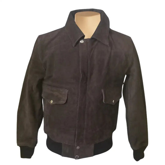 Front Closed view of Bernard Dark Brown bomber leather jacket on a mannequin with a white background