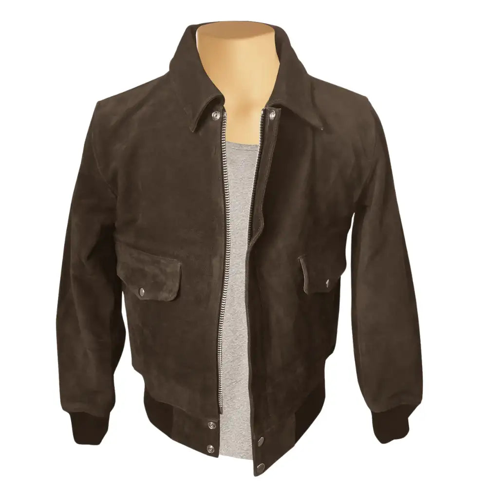 Front view of Bernard Dark Brown bomber leather jacket on a mannequin with a white background
