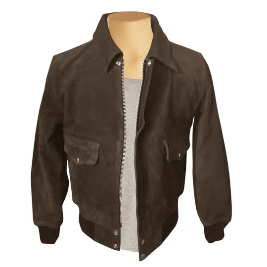 Front view of Bernard Dark Brown bomber leather jacket on a mannequin with a white background