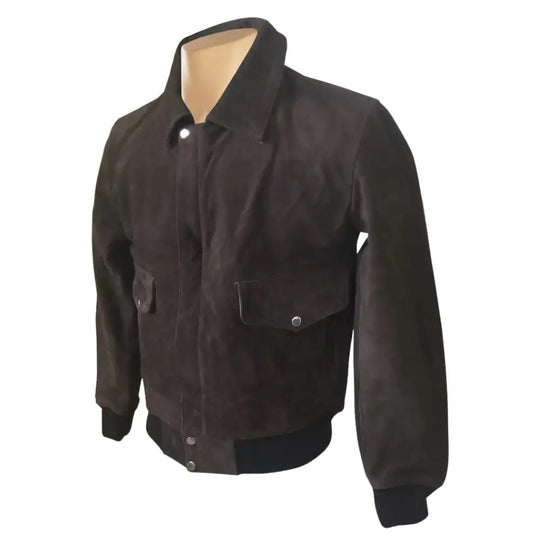 Side view of Bernard Dark Brown bomber leather jacket on a mannequin with a white background