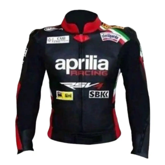 Front view of the Aprilia armored motorcycle jacket in sleek black leather, featuring the iconic red and white Aprilia racing logo on the chest.