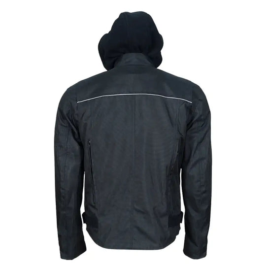 Back view of the black armored jacket showing the internal back protector pocket and rear exhaust vents for consistent airflow.