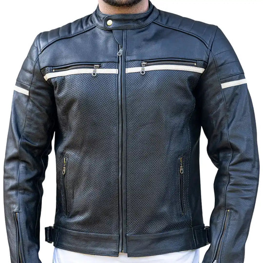 Front view of a black cafe racer leather jacket featuring a streamlined fit, center zipper, and iconic snap-tab mandarin collar.