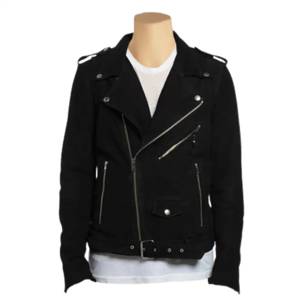 Font view of Black biker suede leather jacket on a mannequin with a white background