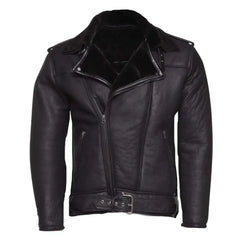 Black on black belted shearling leather biker jacket shown from the front