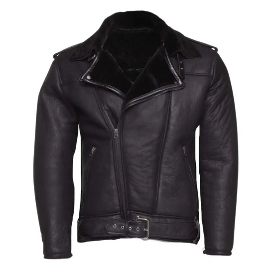 Black on black belted shearling leather biker jacket shown from the front