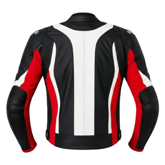 Front view of the black, red, and white armored jacket, featuring an aggressive "V" color-block design and integrated shoulder armor.