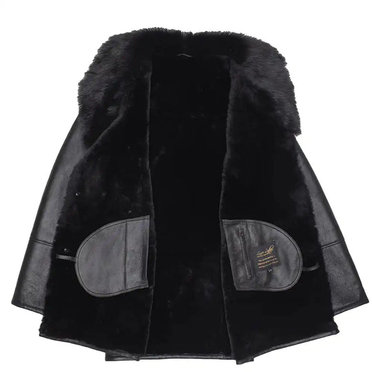 Interior view of the shearling trench coat showing the full Toscana fur lining for ultimate winter insulation.