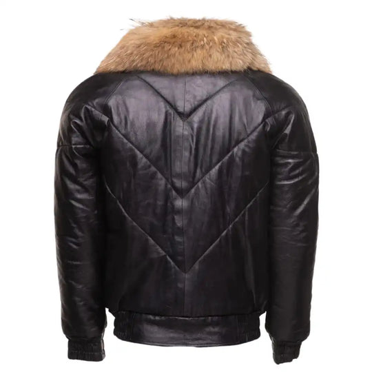 Back view of the Casper leather puffer showing the V-pattern stitching and the voluminous white fur collar extending across the shoulders.