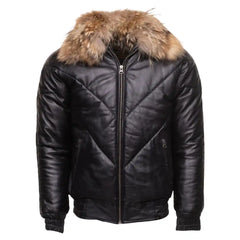 Front view of the Casper V-Bomber leather puffer jacket featuring signature V-shaped quilted panels and a striking white fox fur collar.