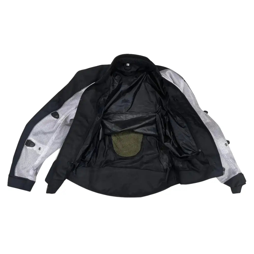 Interior view of the jacket showing the removable CE-approved armor protectors at the shoulders and elbows, integrated into a comfort mesh lining.