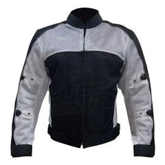 Front view of a black and white leather motorcycle jacket featuring bold white racing stripes on the chest and sleeves, with a waterproof front zipper and high-neck collar.