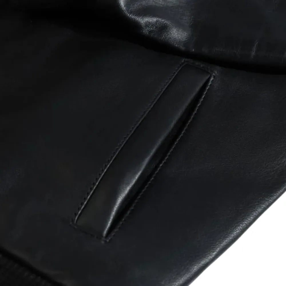 Black Bomber Style Ribbed Jacket front detail showing leather texture and ribbed trim