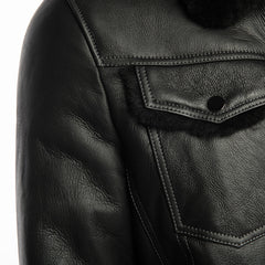 Black Denim Jacket Style Shearling Jacket button closure detail