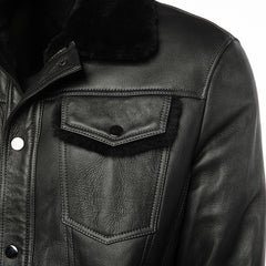 Black Denim Jacket Style Shearling Jacket close up black leather texture