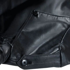 Black Leather Belted and Double Breasted Trench Coat close up waist belt buckle detail