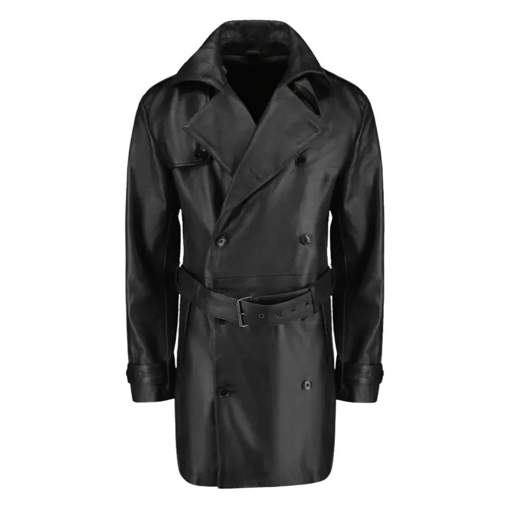 Black Leather Belted and Double Breasted Trench Coat front view black leather trench coat with belt and double breasted design
