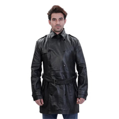 Model wearing Black Leather Belted and Double Breasted Trench Coat black leather trench coat