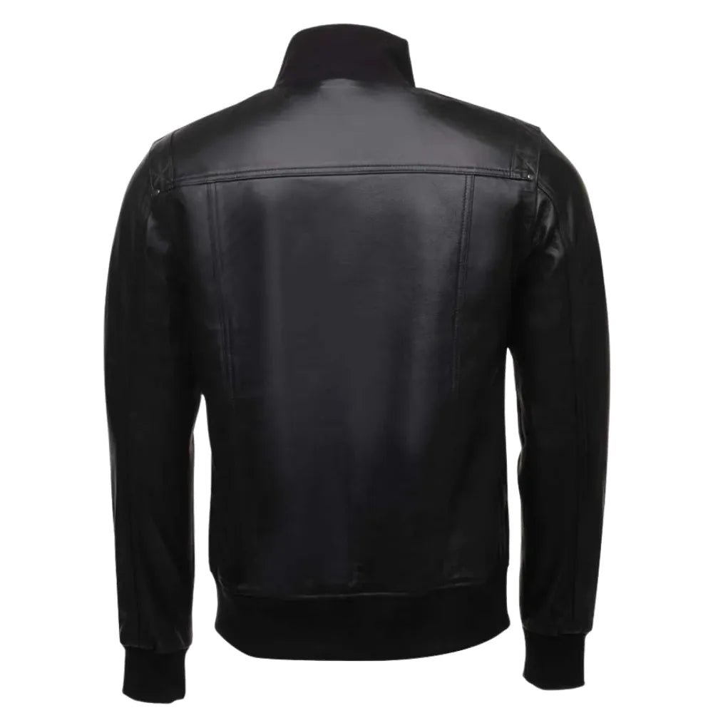 Black Leather Jacket with Straight Ribbed Collar back profile leather jacket