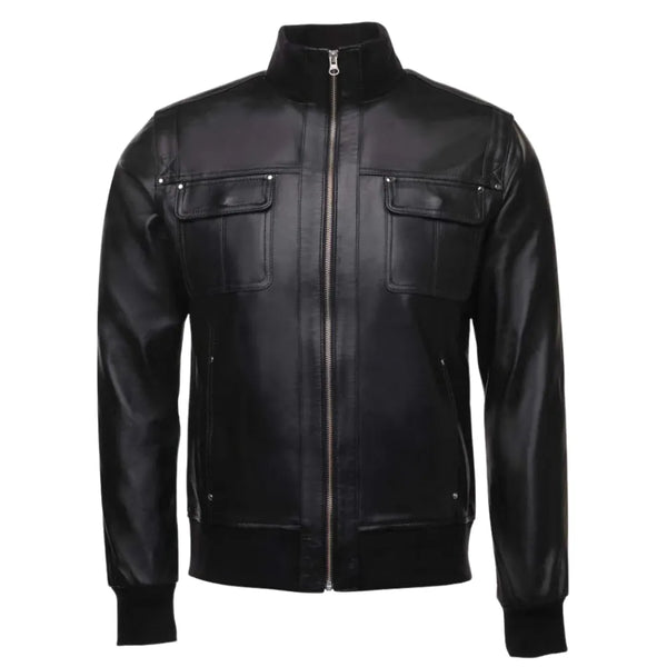 Black leather jacket with straight ribbed collar