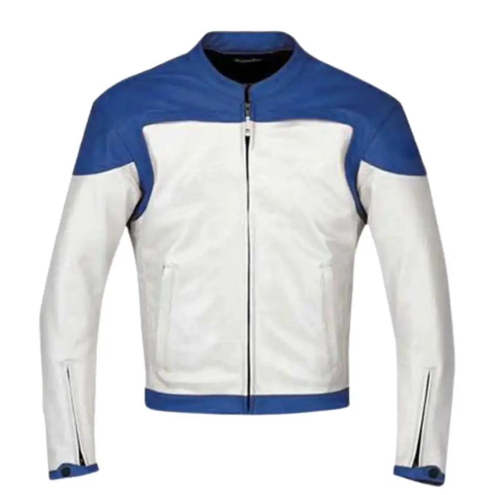 Front view of a blue and white armored motorcycle jacket, featuring a bold two-tone chest design with a central zipper and integrated shoulder armor.
