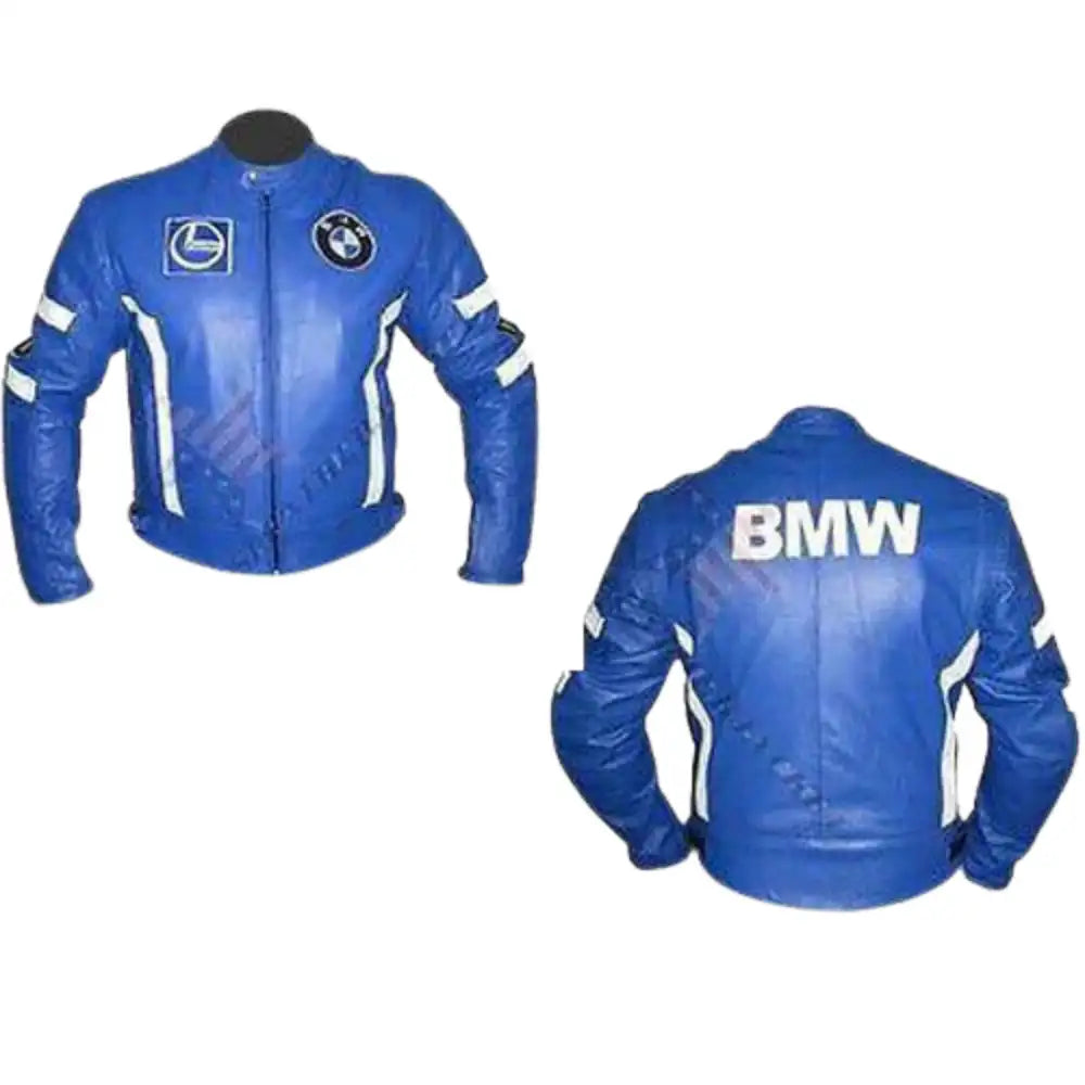Front & back view of the blue BMW armored jacket, featuring the iconic BMW roundel logo on the chest and a refined, ergonomic fit in premium blue leather.