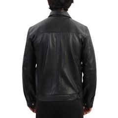 Bomber Leather Jacket with Spread Collars back view black leather bomber jacket