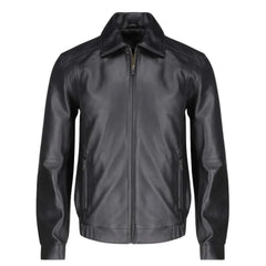 Bomber Leather Jacket with Spread Collars front angle leather bomber jacket with spread collar