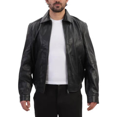 Model styling Bomber Leather Jacket with Spread Collars classic leather bomber jacket look