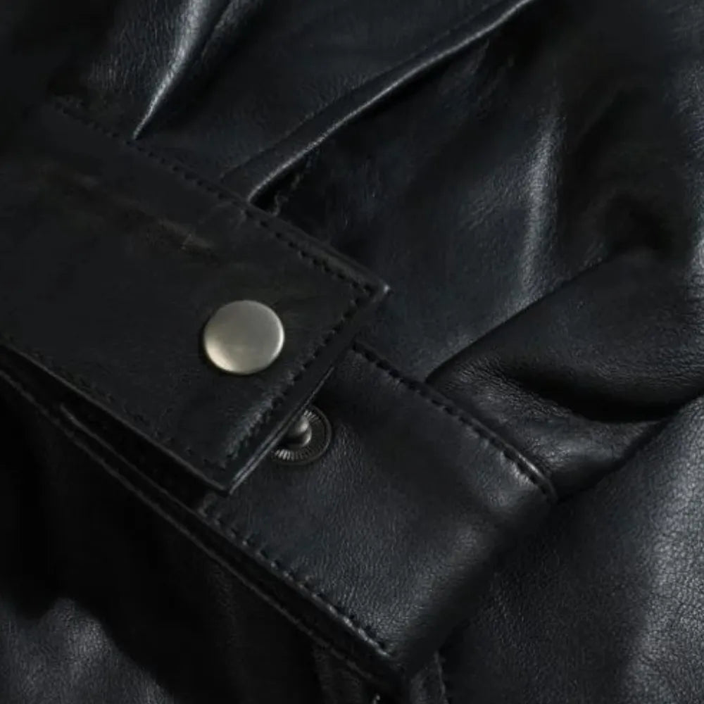 Bomber Leather Jacket with Spread Collars close up sleeve leather texture