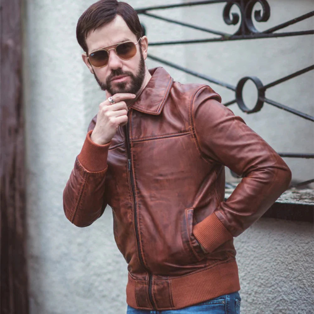 Model wearing Boyd's Rust Leather Jacket with Ribbed Cuffs rust leather jacket outfit