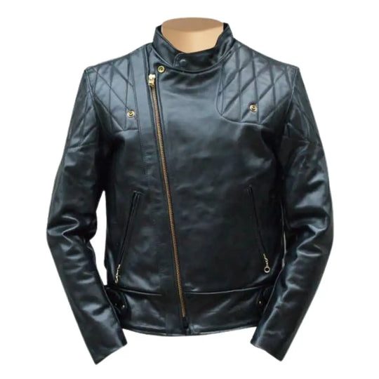Front view of the closed zipper  Brandford's Quilted Leather Biker Jacket showcasing its sleek design and quilted detailing.