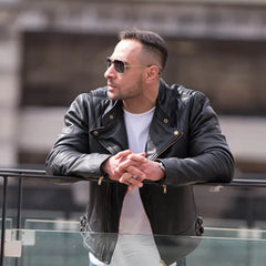Model wearing Brandford's Quilted Leather Biker Jacket, displaying its perfect fit and timeless biker style.