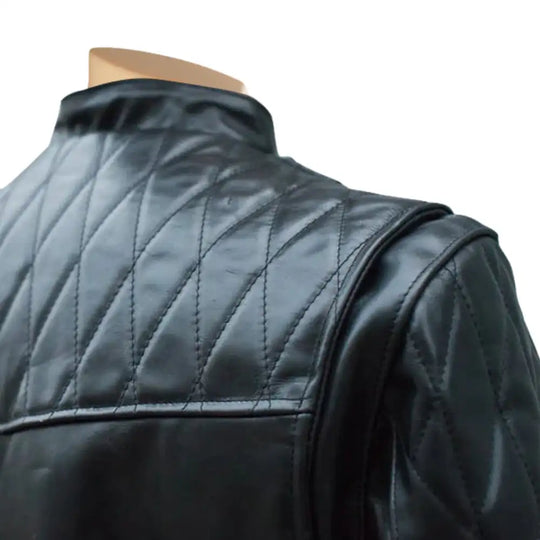 Back Close-up of Brandford's Quilted Leather Biker Jacket, focusing on the intricate quilted stitching and high-quality leather texture.