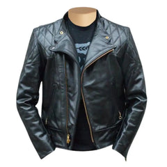 Front view of Brandford's Quilted Leather Biker Jacket showcasing its sleek design and quilted detailing.