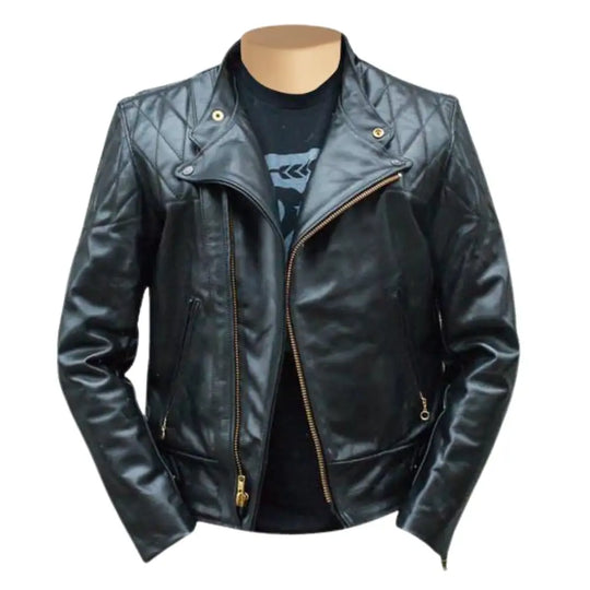 Front view of Brandford's Quilted Leather Biker Jacket showcasing its sleek design and quilted detailing.