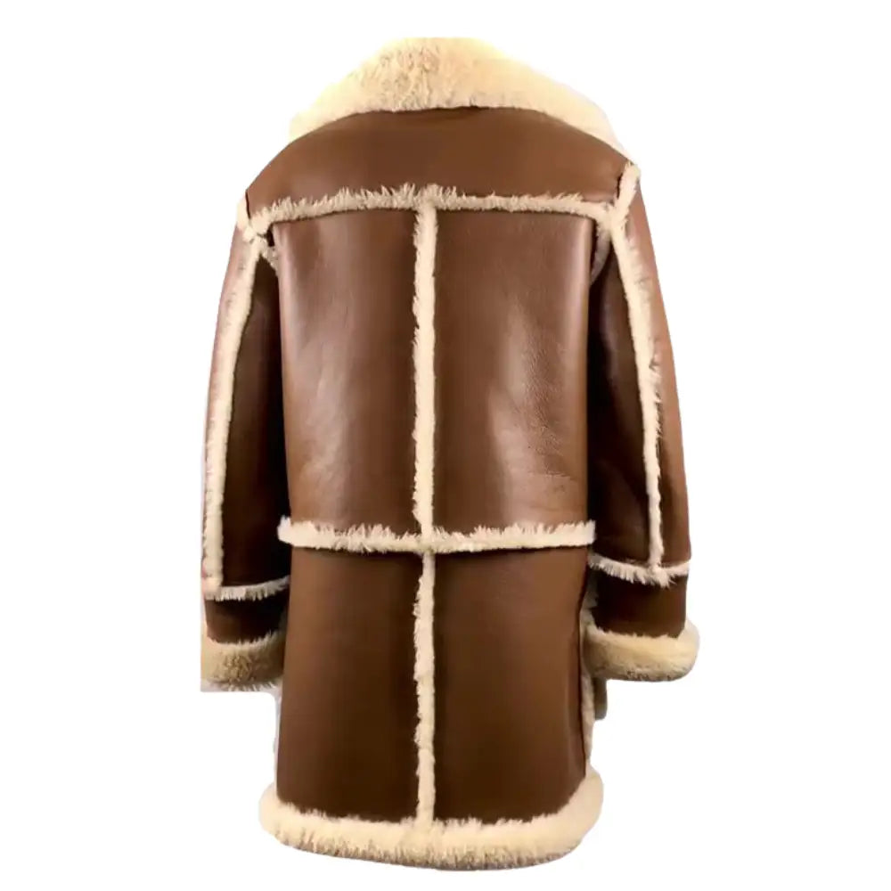 Brown Shearling overcoat rear view with white fur trim on a white background