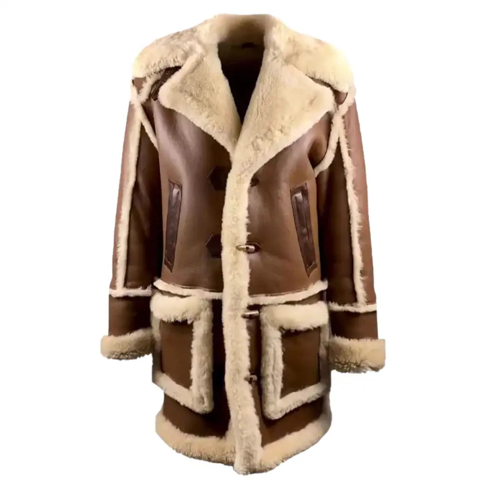 Brock's Brown Shearling Overcoat with luxurious leather front and fur trim for added warmth