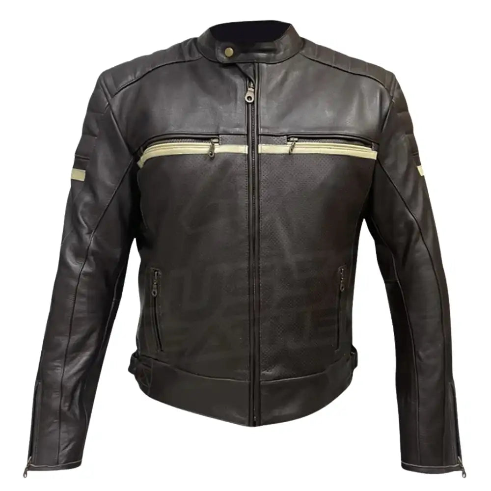 Front view of a brown cafe racer leather jacket featuring a vintage finish, central zip closure, and padded reinforcement on the shoulders.